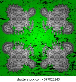 Damask rough ornament. Traditional vector and white pattern. Classic oriental pattern over green background.
