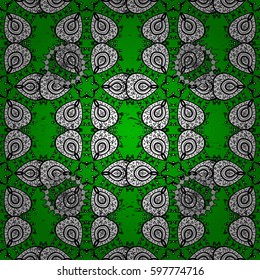 Damask rough ornament. Traditional vector and white pattern. Classic oriental pattern over green background.