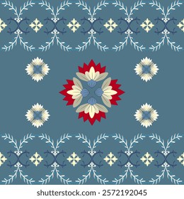 Damask seamless Asian-style pattern with decorative elements in blue, red, and beige colors. Design for elaborated borders, sarees, clothing, and wallpaper.