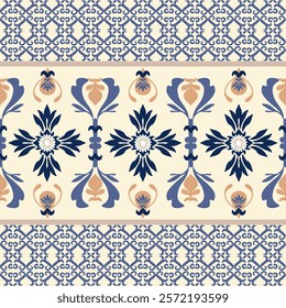 Damask seamless Asian-style pattern with decorative elements in blue, brown, and beige colors. Design for elaborated borders, sarees, clothing, and wallpaper.