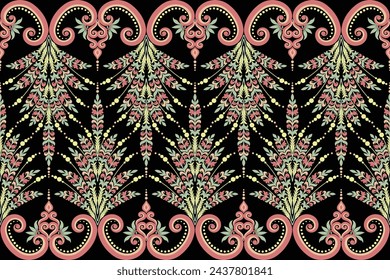 Damask seamless background Geometric ethnic oriental ikat seamless pattern traditional Design for background,carpet,wallpaper,clothing,wrapping,Batik,fabric,Vector illustration embroidery style.