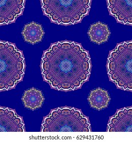 Damask seamless background pattern in blue and pink colors. Vector illustration.