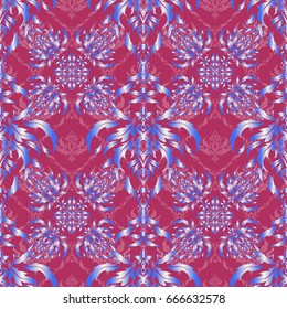 Damask seamless background pattern in blue and pink colors. Vector illustration.