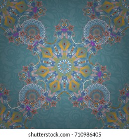 Damask seamless background pattern in blue and orange colors. Vector illustration.