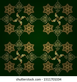 Damask seamless background pattern in golden and green colors. Vector illustration.