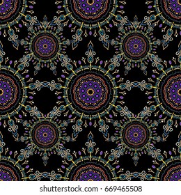 Damask seamless background pattern in yellow and blue colors. Vector illustration.