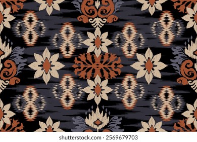 Damask seamless background vector illustration. Ikat floral embroidery traditional. Aztec style, baroque, hand-drawn pattern. Design for texture, fabric, clothing, wrapping, decoration, print,scarf