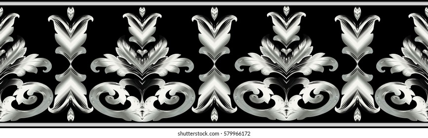 Damask seamless border. Floral pattern. Dark background with black and white 3d baroque ornaments, scroll leaves and flowers. Antique vintage wallpaper. Luxury vector  texture for fabric, textile.