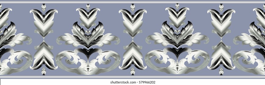 Damask seamless border. Floral pattern. Light  background with black and white 3d baroque ornaments, scroll leaves and flowers. Antique vintage wallpaper. Luxury vector  texture for fabric, textile.