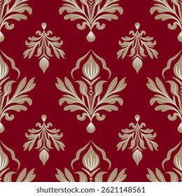 Damasco sin costuras con patrón floral marrón y fondo rojo, Ilustración vectorial elegante para textiles, papel de pared, ropa de cama, cortinas, funda de cojín, bufanda, alfombra, tela de tapicería, diseño vintage