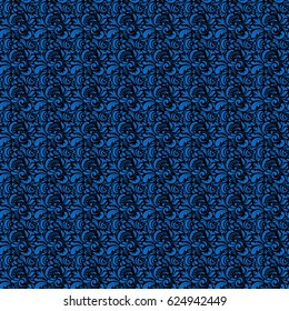 Damask seamless doodle pattern in blue colors. Royal wallpaper. Abstract doodles on a black background. Vector stylish ornament.