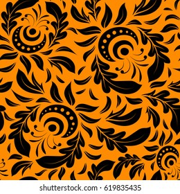 Damask seamless doodle pattern on orange background. Vector illustration.