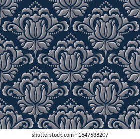 Damask seamless emboss pattern background. Vector classical luxury old damask ornament, royal victorian seamless texture for wallpapers, textile, wrapping. Vintage exquisite floral baroque template.