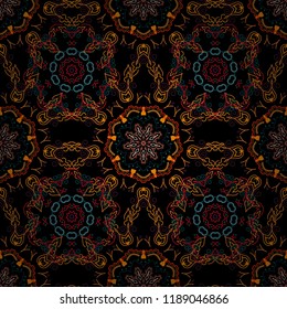 Damask seamless floral background pattern in red, blue and orange colors. Vector illustration.