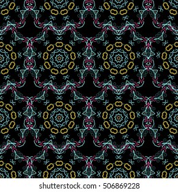 Damask seamless floral background pattern in blue and yellow colors. Vector illustration.