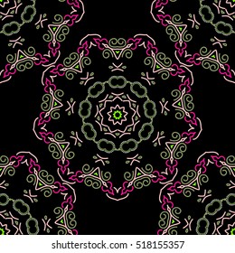 Damask seamless floral background pattern in neutral, magenta and green colors. Vector illustration.