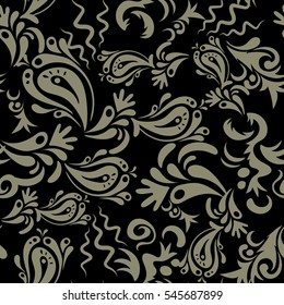 Damask seamless floral background pattern in neutral and black colors. Vector illustration.