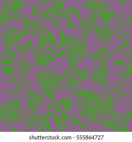 Damask seamless floral background pattern in green and purple colors. Vector illustration.