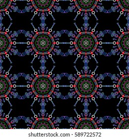 Damask seamless floral background pattern in blue and red colors. Vector illustration.