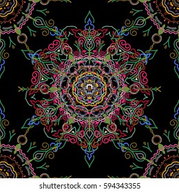 Damask seamless floral background pattern in green, violet and pink colors. Vector illustration.