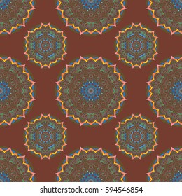 Damask seamless floral background pattern in brown, blue and green colors. Vector illustration.