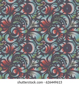 Damask seamless floral background pattern in green and gray colors. Vector illustration.