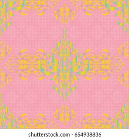 Damask seamless floral background pattern in yellow and pink colors. Vector illustration.