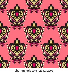Damask seamless floral heart pattern pink background
