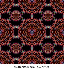 Damask seamless floral pattern. Abstract flowers on a black background. Vector stylish ornament. Royal wallpaper.