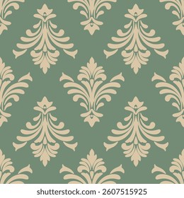 Damask seamless floral pattern, beige and green abstract floral, vector illustration for textiles design, wall paper, bedding, curtain, cushion, rug, scarf, rug, wrapping, vintage design, luxury style