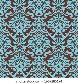 Damask seamless floral pattern. Blue ornament on a brown background in vector, Wallpaper, fabric