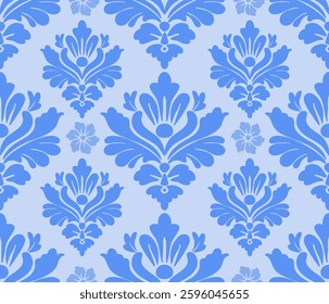 Damask seamless floral pattern, blue color, vector illustration elegant for textile design, wall paper, bedding, curtain, cushion, scarf, upholstery fabric, decoration, interior, vintage, luxury