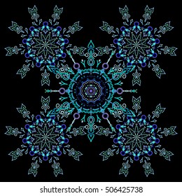 Damask seamless floral pattern in blue colors. Royal wallpaper. Abstract flowers on a black background. Vector stylish ornament.
