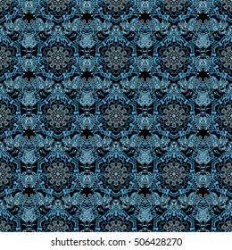 Damask seamless floral pattern in blue colors. Vector illustration.