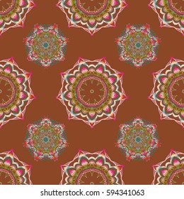 Damask seamless floral pattern in blue and brown colors. Royal wallpaper with abstract flowers. Vector stylish ornament.