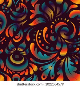 Damask seamless floral pattern in brown, blue and orange colors. Royal wallpaper with abstract flowers. Vector stylish ornament.