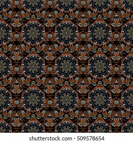 Damask seamless floral pattern in brown colors. Royal wallpaper. Abstract flowers on a black background. Vector stylish ornament.