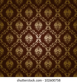 Damask seamless floral pattern. Gold flowers on a brown background. EPS 10