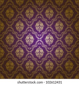 Damask seamless floral pattern. Gold flowers on a purple background. EPS 10