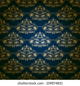 Damask seamless floral pattern. Gold flowers on a blue background. EPS 10