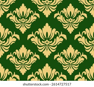 Damask seamless floral pattern, gold and green color, vector illustration elegant for textile design, wall paper, bedding, curtains, cushion cover, rug, upholstery fabric, vintage and luxury design