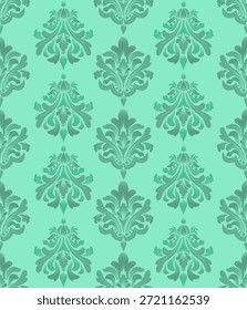 Patrón floral sin fisuras de damasco, ornamental verde y fondo, diseño vintage, Ilustración vectorial elegante para la materia textil, tela, papel de pared, cortina, ropa de cama, alfombra, alfombra, funda de cojín, tela de tapicería, bufanda, envoltura, decoración, estilo barroco