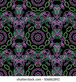 Damask seamless floral pattern in green colors. Royal wallpaper. Abstract flowers on a black background. Vector stylish ornament.