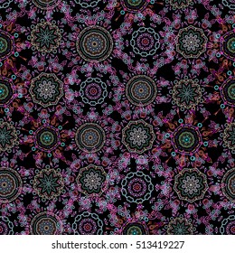 Damask seamless floral pattern in magenta and violet colors. Royal wallpaper. Abstract flowers on a black background. Vector stylish ornament.