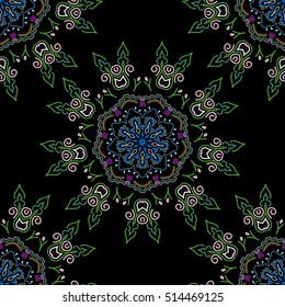 Damask seamless floral pattern in neutral, blue and green colors. Vector illustration.