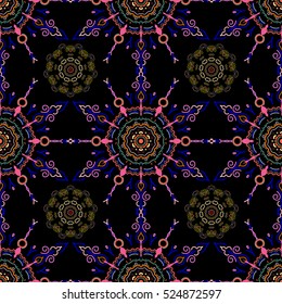 Damask seamless floral pattern in neutral, pink and orange colors. Vector stylish ornament. Royal wallpaper. Abstract flowers on a black background.
