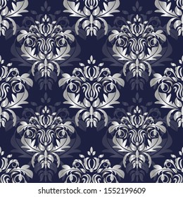 Damask seamless floral pattern on a blue seamless background, seamless silver wallpaper.Vector illustration
