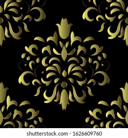 Damask seamless floral pattern on a black background, baroque  golden ornament 3d.Vector wallpaper illustration