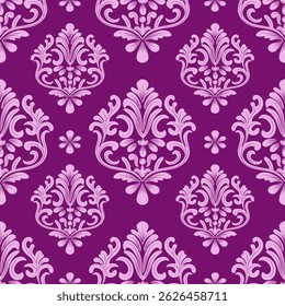 Patrón floral sin fisuras de damasco, rosa abstracto floral, fondo púrpura, diseño vintage, Ilustración vectorial elegante para la materia textil, papel de pared, ropa de cama, cortinas, funda de cojín, alfombra, bufanda, estilo de lujo