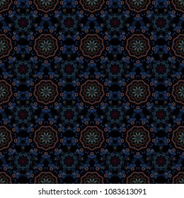 Damask seamless floral pattern in red, brown and blue colors. Abstract flowers on a black background. Vector stylish ornament. Royal wallpaper.